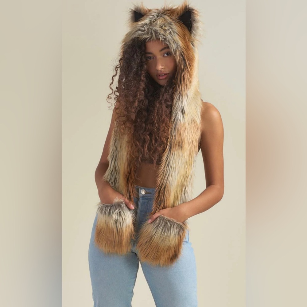 Faux Fur Fox Hooded Scarf with Ear Accents - Brown